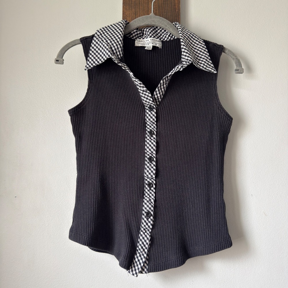 Gingham Collar Ribbed Sleeveless Button Front Top Black Carolyn Taylor L